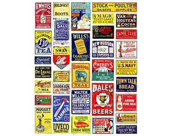 Treintekenafbeeldingen voor poppenhuizen & modelspoordiorama's, 34 PRINTBARE reclamebordillustraties, 1 DIGITALE DOWNLOAD-blad, 1002