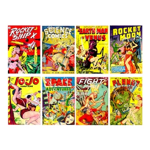 Omslag till science fiction-serier, science fiction-serier, utskrivbar vintage-pulpkonst, etiketter 6,5 x 9,5 cm, gör-det-själv-dekor, ark för digital nedladdning, 1182