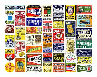 Znaki do domków dla lalek i grafiki do dioramy pociągów, 40 ilustracji reklamowych w miniaturze do wydrukowania, 1 CYFROWY ARKUSZ DO POBRANIA, 708P