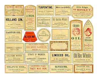 Victorian Apothecary Labels, 23 Medicine Bottle Decals, Pharmacy Tag,  Halloween DIY Labels, Digital Download Sheet, Druggist Decals, 371Q 