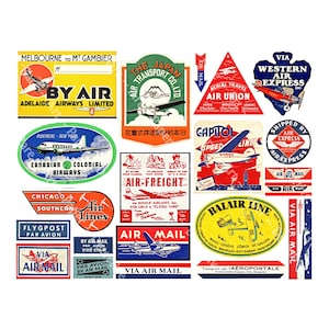 Fluglinien Aufkleber, 21 Gepäckanhänger, Gepäckanhänger, Luftpostetiketten und Stempel für authentische Zeitschriften oder Umschläge, NUR DIGITAL SET 726