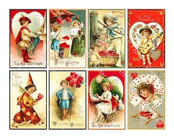 Valentijnsdag kaart afbeeldingen, 8 vintage stijl ouderwetse ansichtkaart illustraties, 4 "x 2,5" elk, romantische ephemera digitale download, 1062