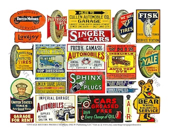 74 Car Decals, 5 Digital Downloads, Automobile, Garage, Oil Can & Taxi Cab Signs and Vintage Advertising, Tool Box Stickers, Junk Journaling