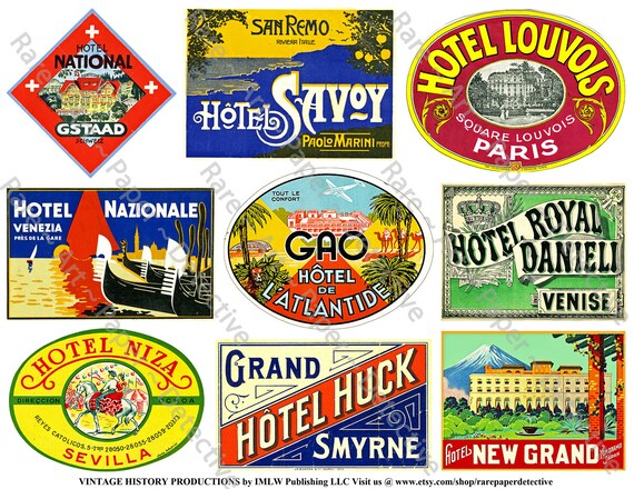 Golden Age of Travel Luggage Labels, 57 Assorted Shapes, Sizes