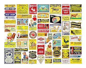 Modelspoordiorama, afbeeldingen poppenhuisminiatuur en treinborden, 60 AFDRUKBARE afbeeldingen van reclameborden, 1 digitaal DOWNLOAD-vel, 1009