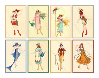 Costume Illustration Graphics Women in Whimsical Outfits Vintage Characters in Fancy Clothes Scrapbooking Printable, INSTANT DOWNLOAD, 1325