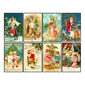 Christmas Tags, Deluxe Set of 8 Old Fashioned Postcard Journal Illustrations, 4&quot; x 2.5&quot; each, DIGITAL DOWNLOAD Christmas Decorations, 905