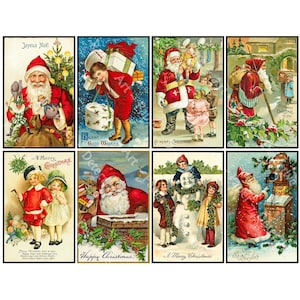 Immagini di cartoline di Natale Set di 8 illustrazioni per regali natalizi vecchio stile Buon Natale Babbo Natale, DOWNLOAD IMMEDIATO FOGLIO 842