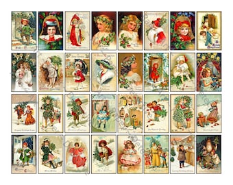 Pode incluir: Uma coleção de postais de Natal vintage. Os postais apresentam ilustrações de crianças, anjos e Pai Natal, com vegetação festiva e saudações de feriado. A paleta de cores inclui vermelhos, verdes e brancos, evocando uma sensação nostálgica de férias.