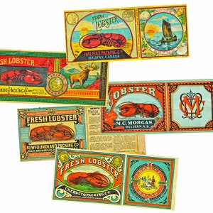 Kitchen Labels, Lobster Can Label, 5 Digital Downloads, Vintage Label Art for Kitchen Decor & Collage, 9.25" x 4" each. Re-size for your can