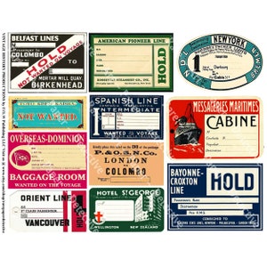 Étiquettes de coffre de bateau à vapeur, 11 autocollants d'étiquette de bagage pour coffres de voyage, valises, carnets de voyage et étiquette de bagage vintage Art déco, ensemble numérique 442