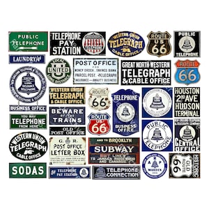 Grafica di viaggio di segnali di telegrammi, telefoni e Route 66 per diari spazzatura, etichette regalo e set di cancelleria, segnali di telefoni arrugginiti, carta artistica, 782