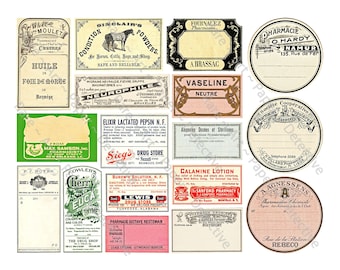 Puede incluir: Una colección de etiquetas y anuncios de farmacia vintage, con varios diseños y textos. Las etiquetas muestran diferentes fuentes, colores y diseños, algunos con ilustraciones y elementos decorativos. La colección incluye etiquetas para medicamentos y remedios.