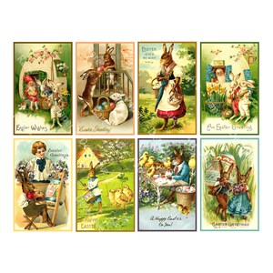 Immagini di decorazioni di coniglietti pasquali, 8 illustrazioni di cartoline in stile vintage, 4" x 2,5" ciascuna, DOWNLOAD DIGITALE di effimeri decorazioni pasquali, 1082
