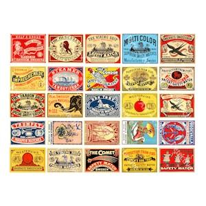 Antique Safety Match Box Label Images, Authentic Sizes, 2" wide each, 25 PRINTABLE Matchbook Art Labels, 1 DIGITAL DOWNLOAD, 1173