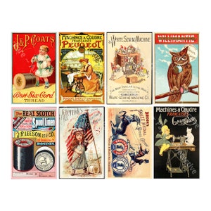 Anúncio de costura, 8 decorações de máquinas de costura e linhas para sua colagem de arte de estúdio, cartões comerciais vitorianos, DOWNLOAD DIGITAL, 1256