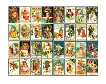 Pode incluir: Uma colagem de 36 cartões postais de Natal vintage com crianças, anjos, Papai Noel e cenas de inverno. Os cartões postais são decorados com cores festivas e ilustrações.