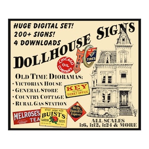 Puppenhaus & Modell Eisenbahn Schilder, 4 DIGITALE DOWNLOADS, 200+ Schilder für Dioramas, Puppenstuben und Modellzüge, 4 druckbare Blätter, Pack 10