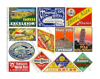 Golden Age of Travel Luggage Labels, 57 Assorted Shapes, Sizes & Colors on 5 Digital Downloads, Suitcase Labels, Vintage Hotel Label Art