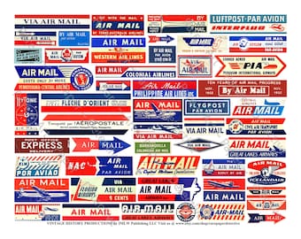 Airmail Label Graphics, 50 Express Package & Baggage Tags, Airmail Label Stamps for Authentic Journals and Envelopes, DIGITAL ONLY SET 731