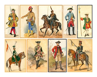 Military Uniform Illustrations, Colorful Antique Style Uniforms for Scrapbooks, Junk Journals, 4" Tall Images, DIGITAL DOWNLOAD, 1192