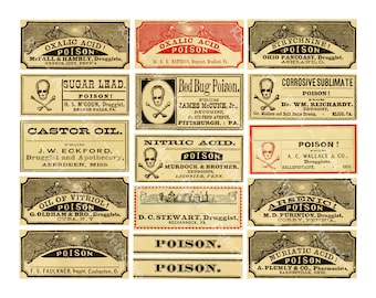 Puede incluir: Una colección de etiquetas de veneno vintage sobre un fondo crema. Cada etiqueta presenta la palabra "POISON" y un símbolo de calavera y huesos cruzados. Las etiquetas incluyen nombres como "Ácido Oxálico", "Plomo de Azúcar" y "Arsénico."
