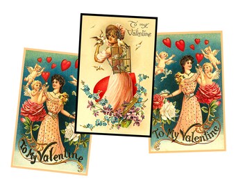 Vintage Valentine Postcard Illustrations for Making Personalized Gifts Greeting Card Antique Romance Cards, 1 INSTANT DOWNLOAD Sheet, SET 65