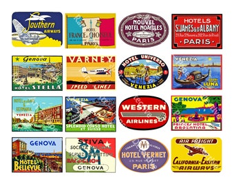 Travel Luggage Label Graphics Set, 16 Pcs Hotel Baggage Tags, Travel Journals, Smash Books, Suitcases & More, Digital Sheet 875