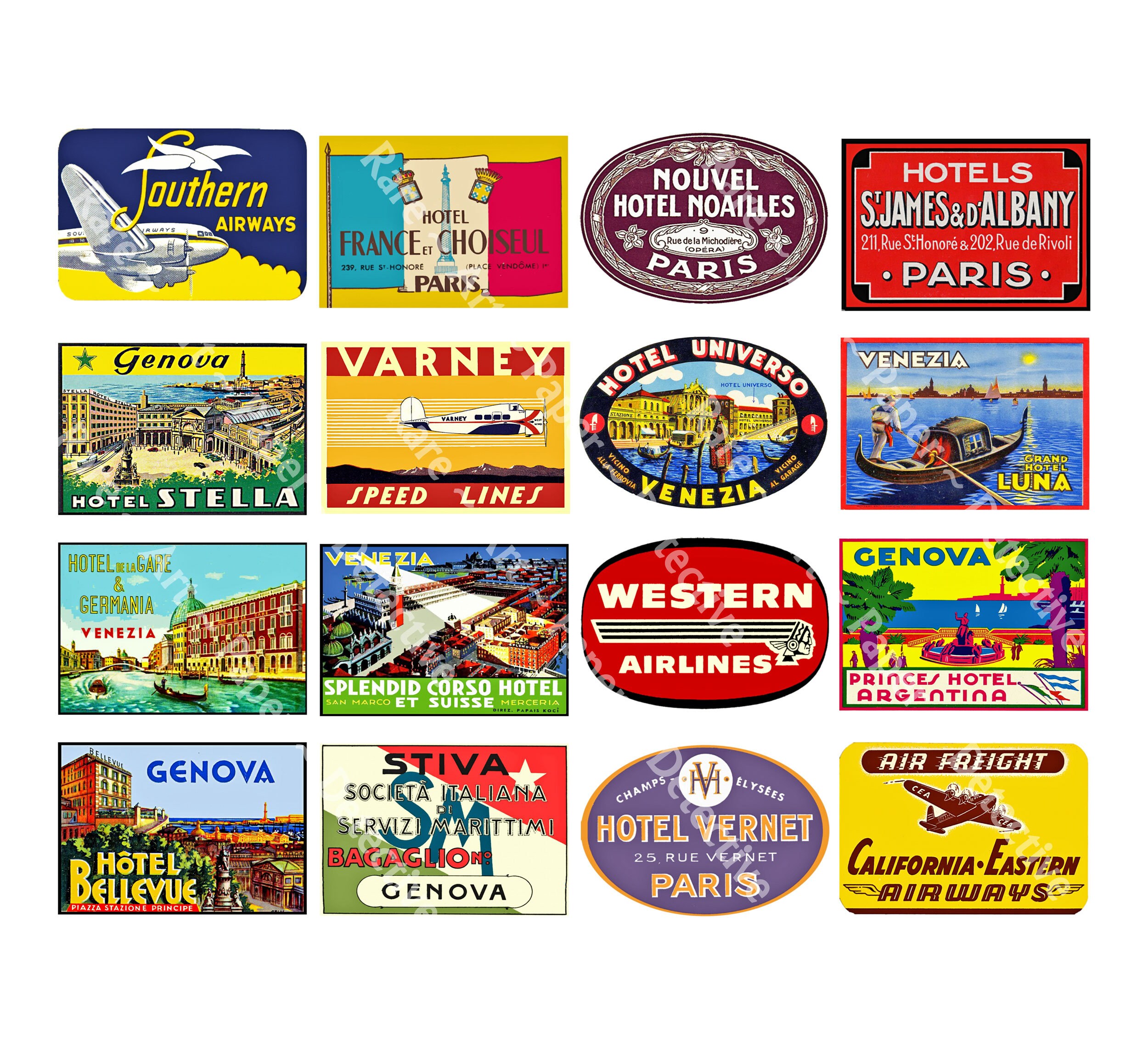 Travel Luggage Label Graphics Set, 16 Pcs Hotel Baggage Tags, Travel Journals, Smash Books, Suitcases & More, Digital Sheet 875