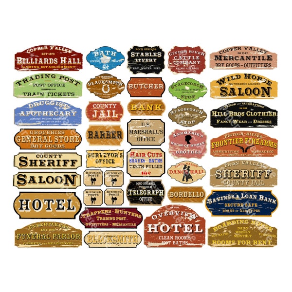 Old West Frontier Town Signs Cowboy Diorama Model Railroad & Dollhouse Signs, Trains, 36 Multi Scale Hobby Images, INSTANT DOWNLOAD, 1278P