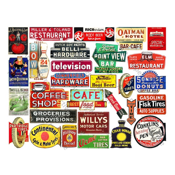 Advertising Signs, Digital Graphics Sheet, Re-Sizable Model Railroad Diorama Miniature Signs, Dollhouse & General Store, 1095