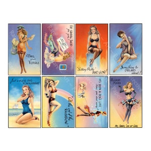 Risqué & Sassy Card-afbeeldingen, 8 vintage stijl ouderwetse ansichtkaartillustraties, elk 4 x 2,5 inch, Ephemera DIGITALE DOWNLOAD, 1257