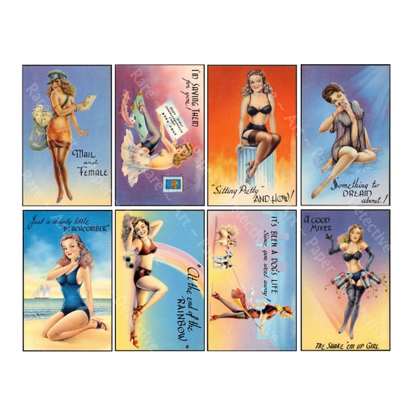 Risqué & Sassy Card Images, 8 Vintage Style Old Fashioned Postcard Illustrations, 4" x 2.5" each, Ephemera DIGITAL DOWNLOAD, 1257