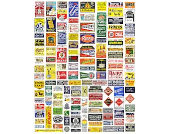 Trein teken graphics voor dollhouses &model spoorweg diorama's, 120 + afdrukbare reclame teken illustraties, 1 digitale download blad, 1003