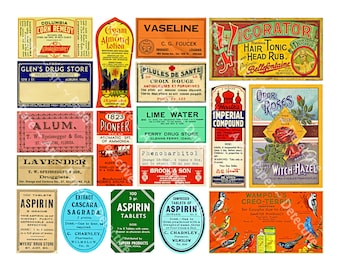 18 Pcs Victorian Style Apothecary, Beauty & Chemist Graphics, Antique Pharmacy, Druggist, Tonics and Perfume Labels, 1 Digital Sheet, 853