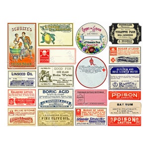 Apothecary Labels, 19 Antique Chemist, Pharmacy, Druggist, Tonics & Perfume Labels, 1 Digital Sheet, Vintage Bathroom Decoration, 69N