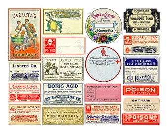 Puede incluir: Una colección de etiquetas de botica vintage con varios productos, incluyendo jabón irlandés, aceite de linaza, loción de calamina, ácido bórico, piedra azul, azúcar de plomo, glicerina y agua de rosas perfumada, ron de bahía y aceite de oliva fino. Las etiquetas presentan una variedad de colores, fuentes e ilustraciones, incluyendo calaveras y huesos cruzados, un león y una botella de líquido.