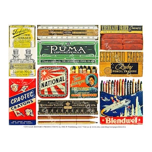 Office Supply, Artist Stationary, Digital Sheet, Vintage Packaging, Crayon Boxes, Pencils, Antique Art Supplies, Old Rulers, Art Paper, 733