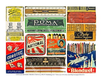 Office Supply, Artist Stationary, Digital Sheet, Vintage Packaging, Crayon Boxes, Pencils, Antique Art Supplies, Old Rulers, Art Paper, 733