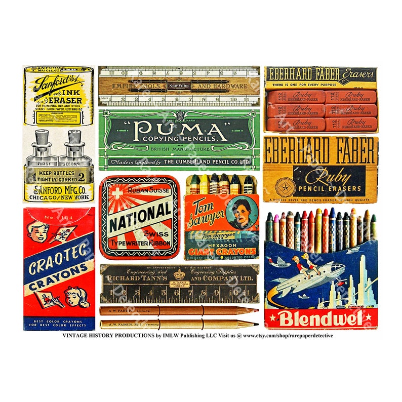 Office Supply, Artist Stationary, Digital Sheet, Vintage Packaging, Crayon Boxes, Pencils, Antique Art Supplies, Old Rulers, Art Paper, 733 image 1