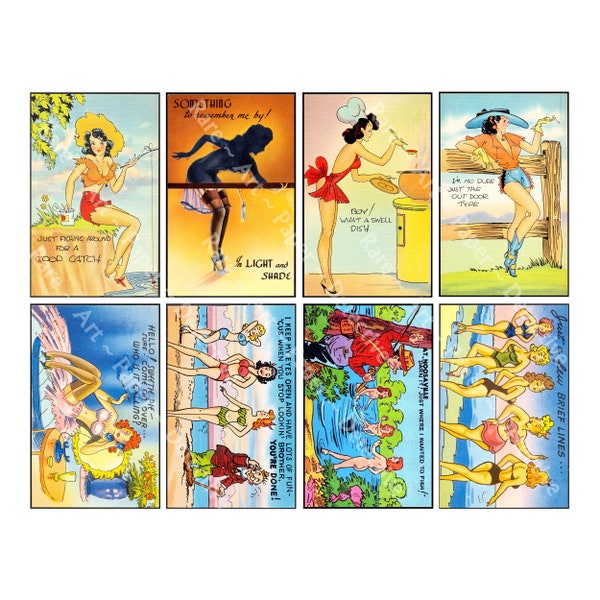 Risqué & Sassy Card Images, 8 Vintage Style Old Fashioned Postcard Illustrations, 4" x 2.5" each, Ephemera DIGITAL DOWNLOAD, 1258