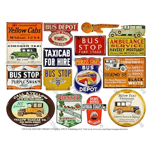Hoja de descarga digital de carteles publicitarios de paradas de autobús y taxis antiguos, pegatinas de metal oxidado de colores, calcomanías de diorama, 709