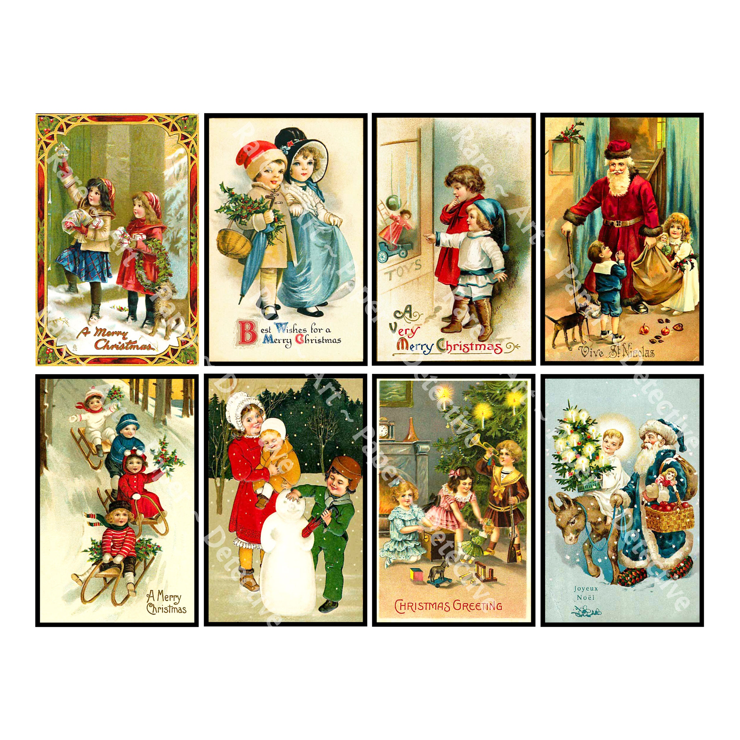 Christmas Stickers Deluxe Set of 8 Old Fashioned Postcard 