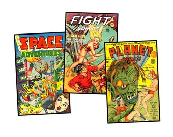 Science Fiction Comic Book Covers Printable Vintage Postcard Making DIY Greeting Card and Décor, ONE Digital Download Sheet, Set 57