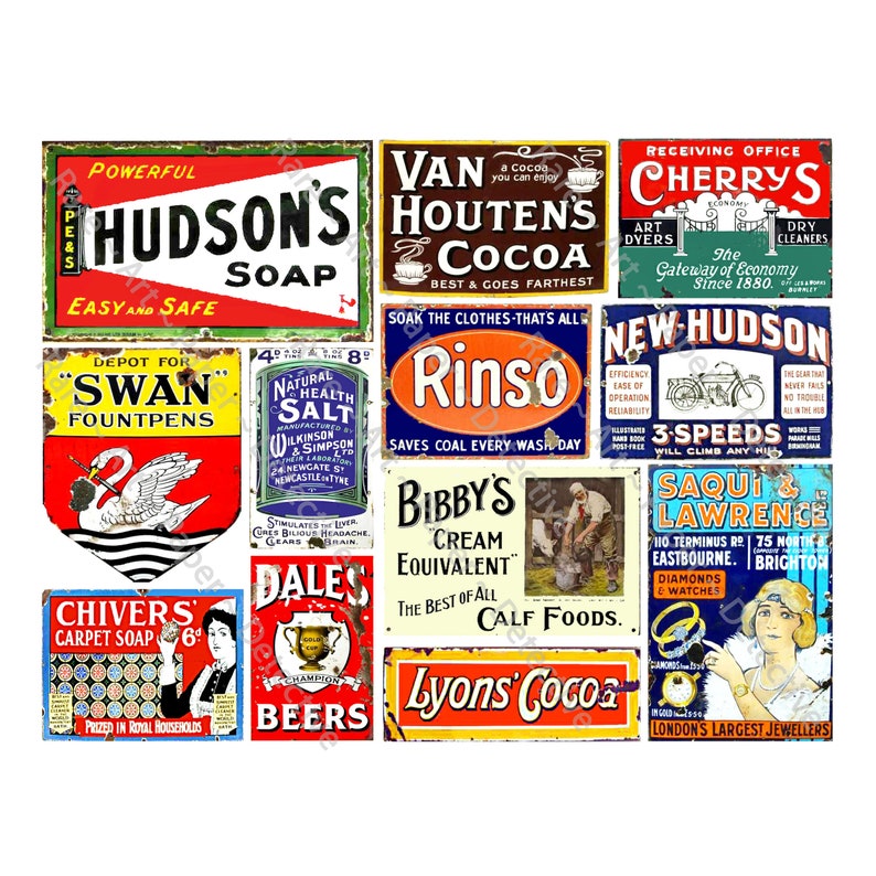 May include: A collection of vintage metal signs with faded paint, featuring advertisements for soap, cocoa, and other products. The signs have various shapes and colors, with text like "Hudson's Soap" and "Van Houten's Cocoa".