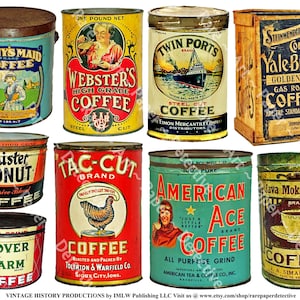 May include: Vintage coffee can labels with various designs and brand names, including Kenny's Maid, Webster's High Grade, Twin Ports, Yale Brands, Wister Donut, Tac-Cut, American Ace, and Java Moka Verdici. The labels feature illustrations of a woman, a ship, a rooster, a coffee cup, and a donut.