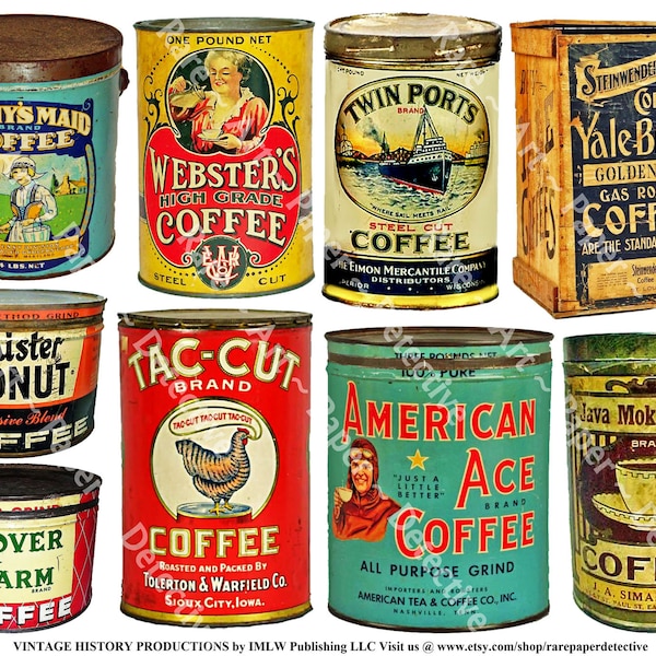 Rusty Coffee Can Digital Illustration Download, Old Java Tins for Kitchen Decorating, Antique Coffee House Art and Dining Room Decor, 702