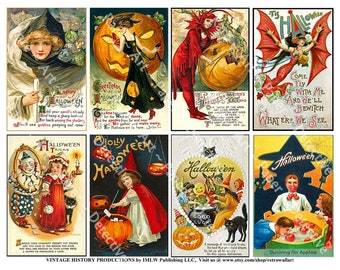 May include: A collection of eight vintage Halloween postcards. The postcards feature illustrations of witches, pumpkins, and children in costumes. Text includes "Happy Halloween," "Greetings at Hallowe'en," and "Ducking for Apples."