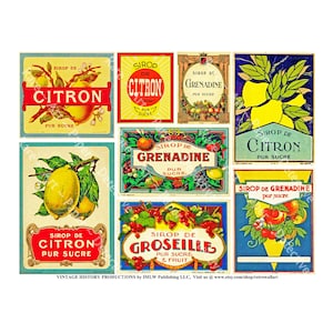 May include: Nine vintage labels for syrup, featuring illustrations of lemons, oranges, and red berries. The labels are in French and feature the words "Sirop de Citron", "Sirop de Grenadine", and "Sirop de Groseille".