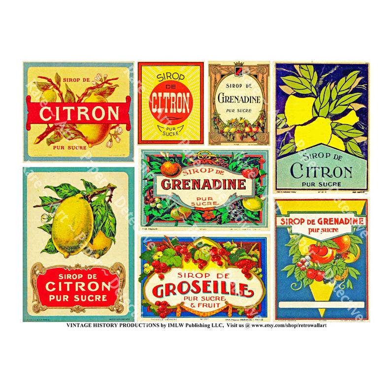 May include: Nine vintage labels for syrup, featuring illustrations of lemons, oranges, and red berries. The labels are in French and feature the words "Sirop de Citron", "Sirop de Grenadine", and "Sirop de Groseille".